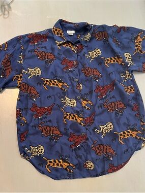 Vintage NICOLA Novelty Cat Dog Print Short Sleeve Button Up Shirt Size M